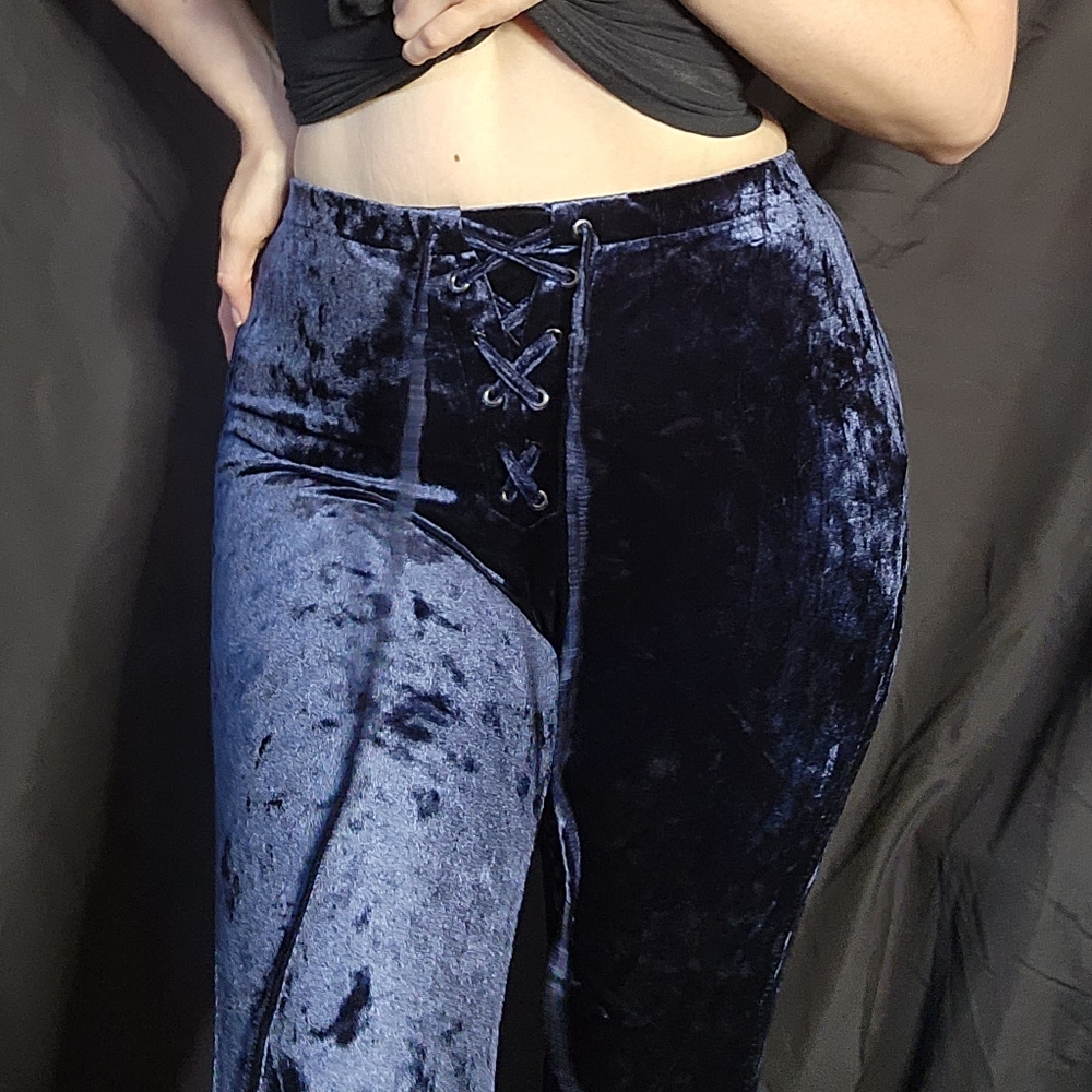 Blue Crushed Velvet Lace up leggings. Size Small.